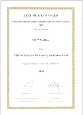 Top 15 Outstanding Students among all Gold Awardees in Hong Kong in JSSOSS 2023
