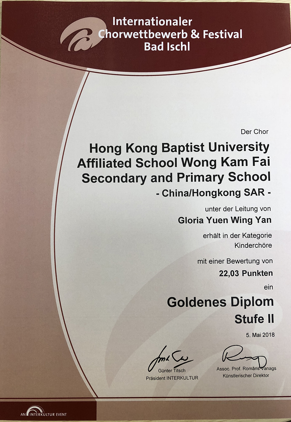 The Concert Choir won the Gold Award in the category of Children’s Choirs.